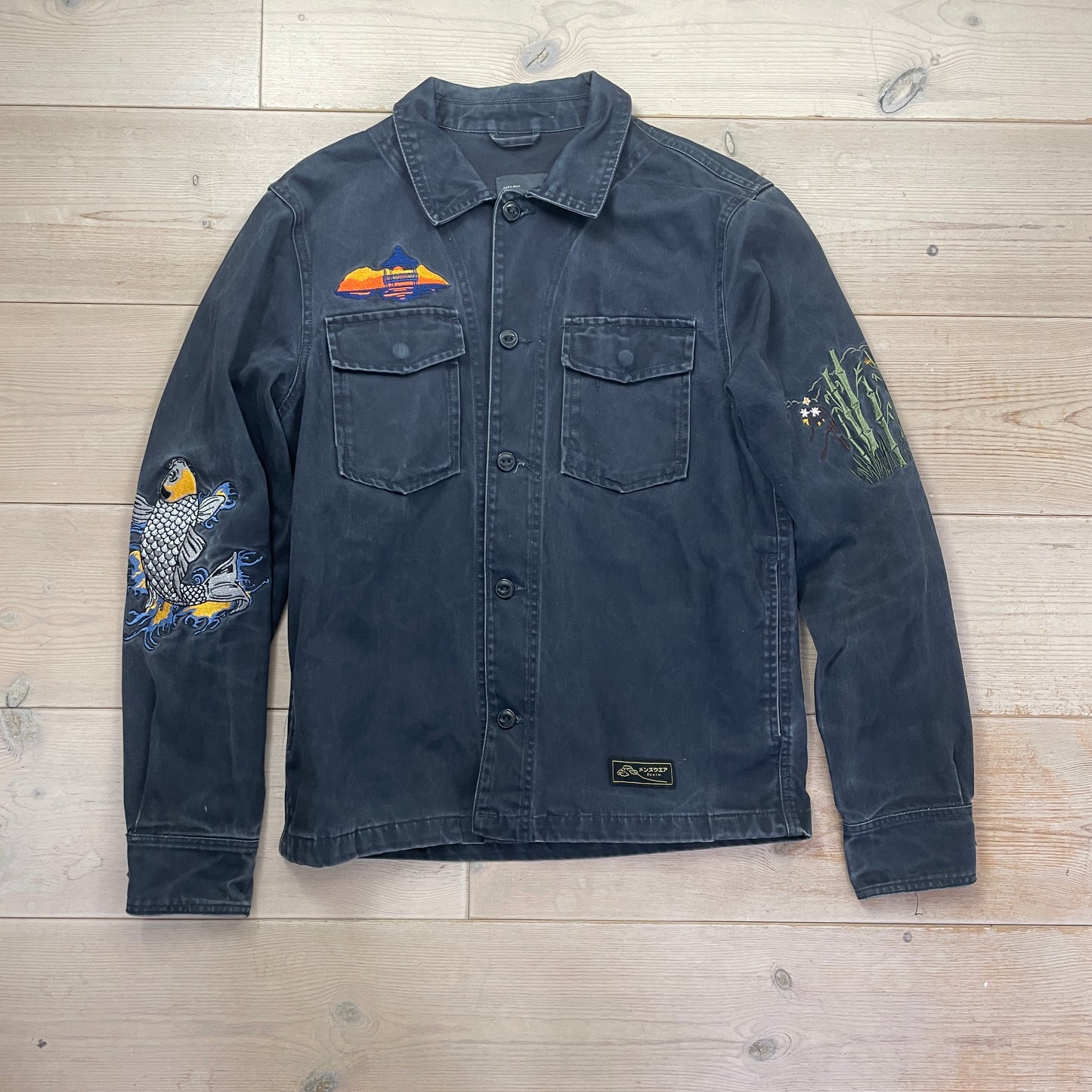 Mørkeblå Vintage Broderet Workwear Jakke Japan Style