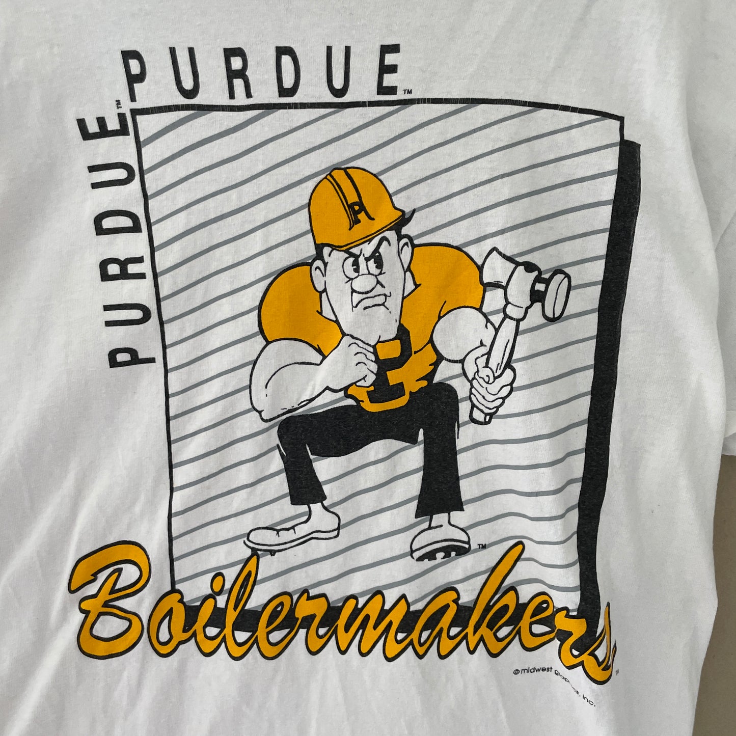 Vintage Hvid Purdue Boilermakers T-Shirt Med Tegneserieprint