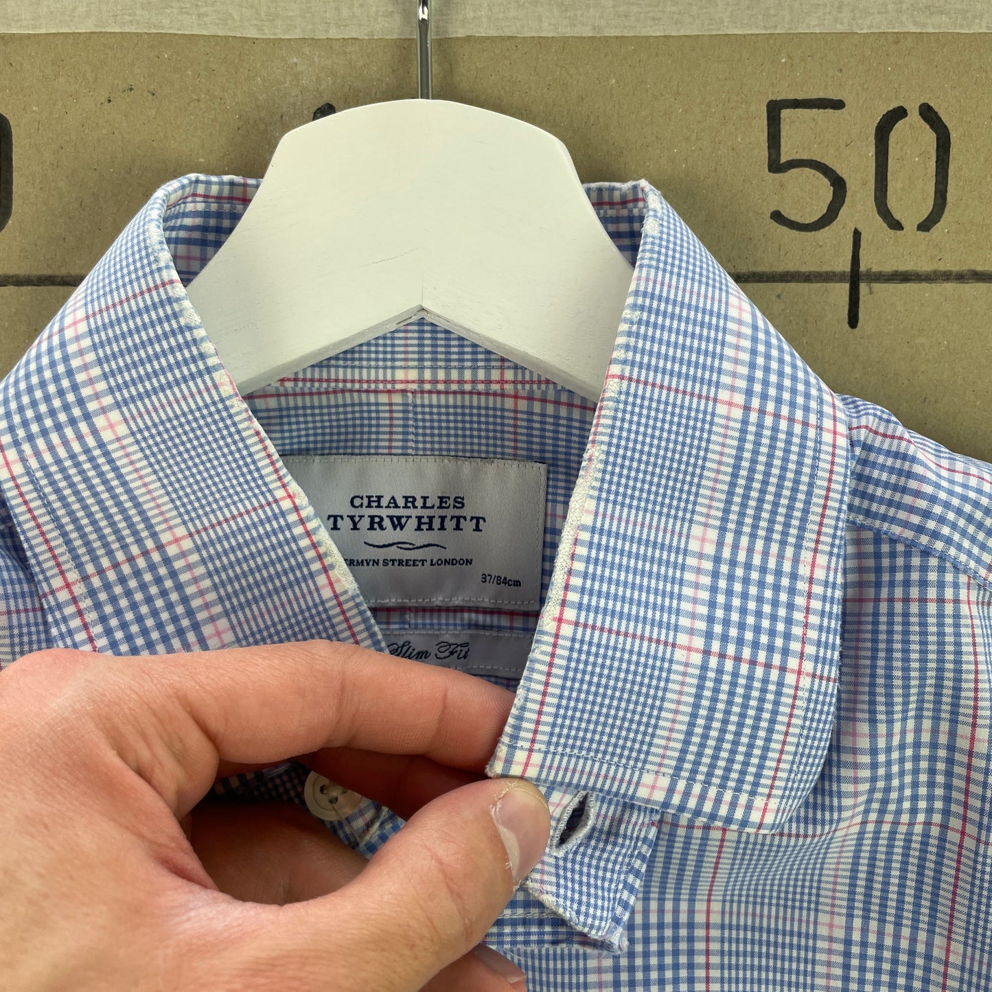 Charles Tyrwhitt Blå Og Lyserød Ternet Bomuldsskjorte Extra Slim Fit