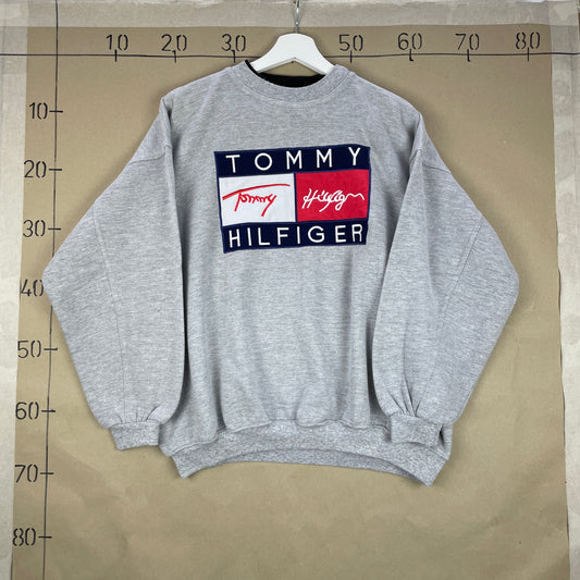 Grå Vintage 90’er Tommy Hilfiger Sweatshirt Med Stort Logo