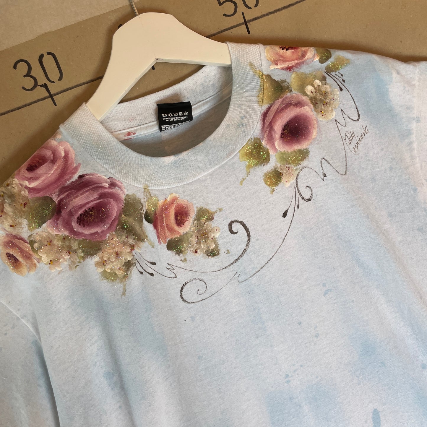 Blå Vintage Blomstermønstret Vintage T-Shirt