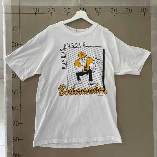 Vintage Hvid Purdue Boilermakers T-Shirt Med Tegneserieprint